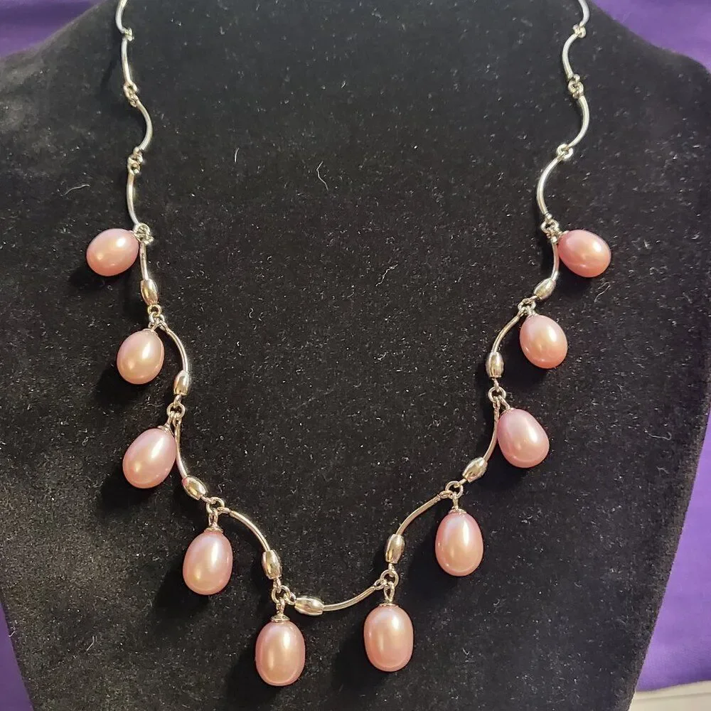 Pink Freshwater Pearl Sterling Silver Link Necklace